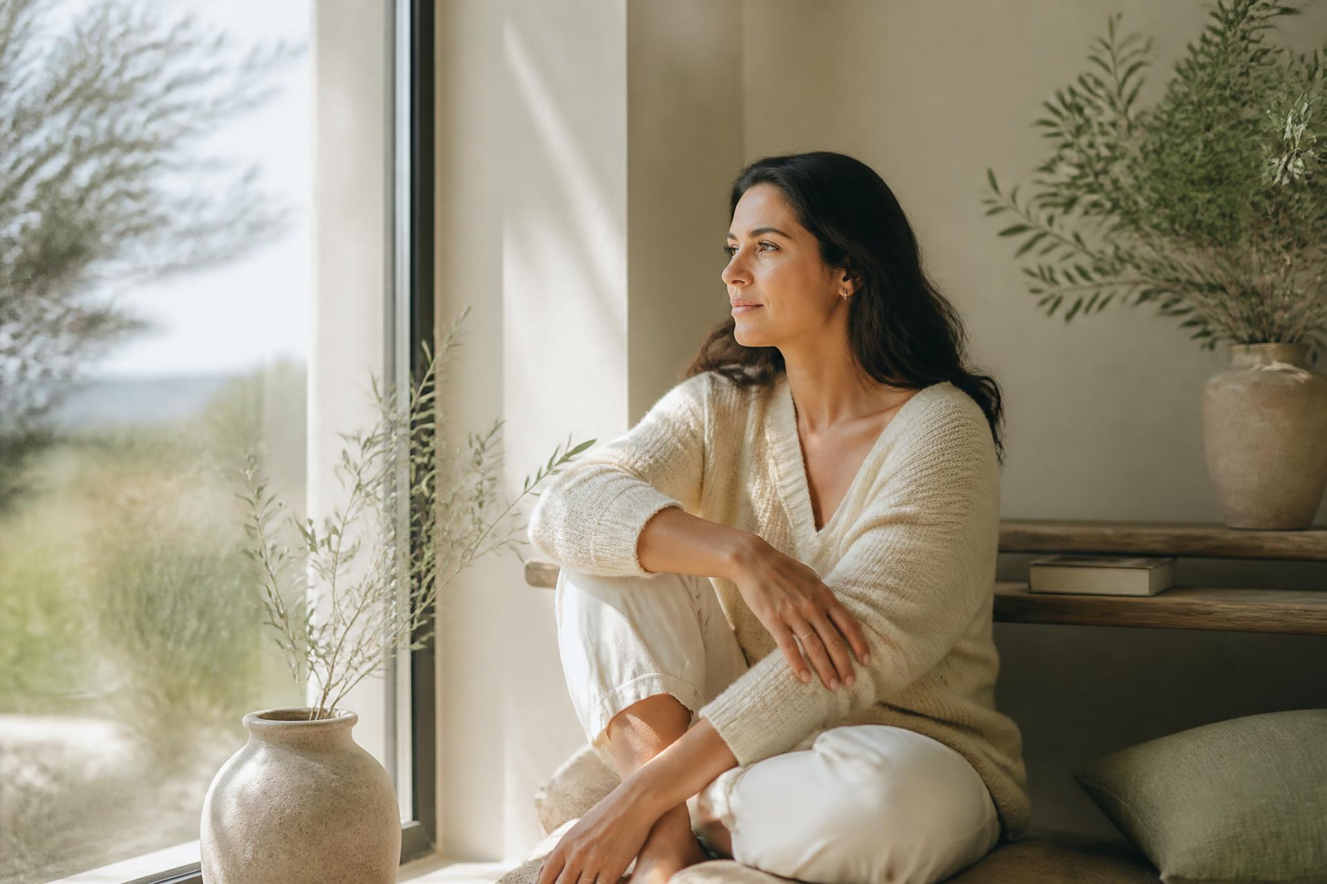 A woman sitting quietly by a sunlit window in a calm, minimal room
